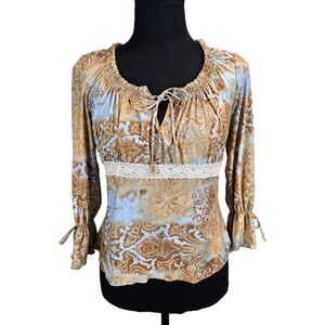 Vintage L.E.I. Y2K Paisley Babydoll Top Large 3/4 Sleeve Lace Peasant 90s Chic